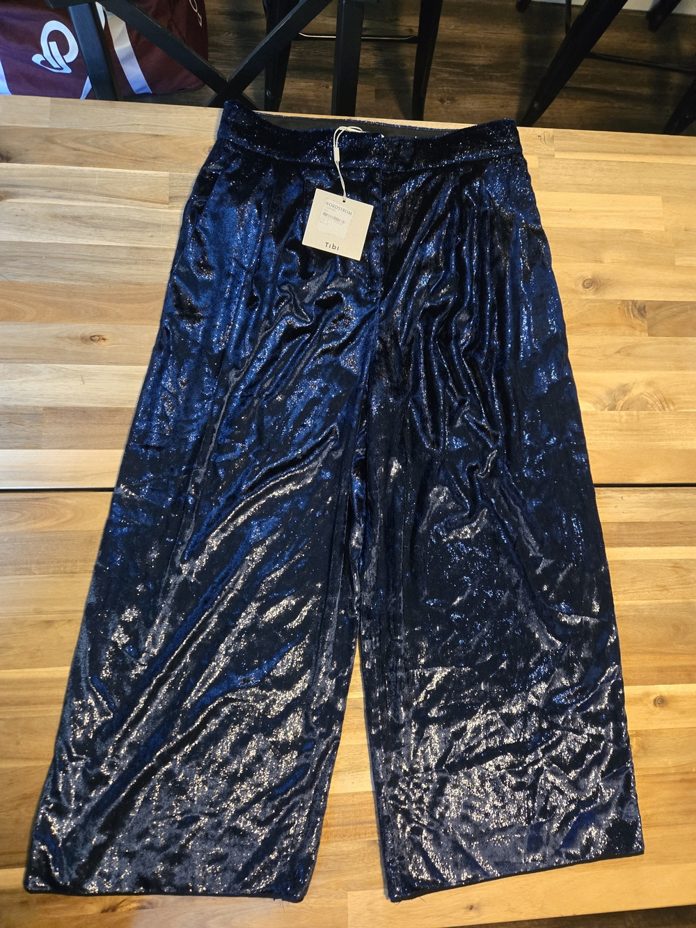 Tibi Stella Metallic Velvet Wide Leg Crop Pants in a rich metallic blue - Picture 3 of 6
